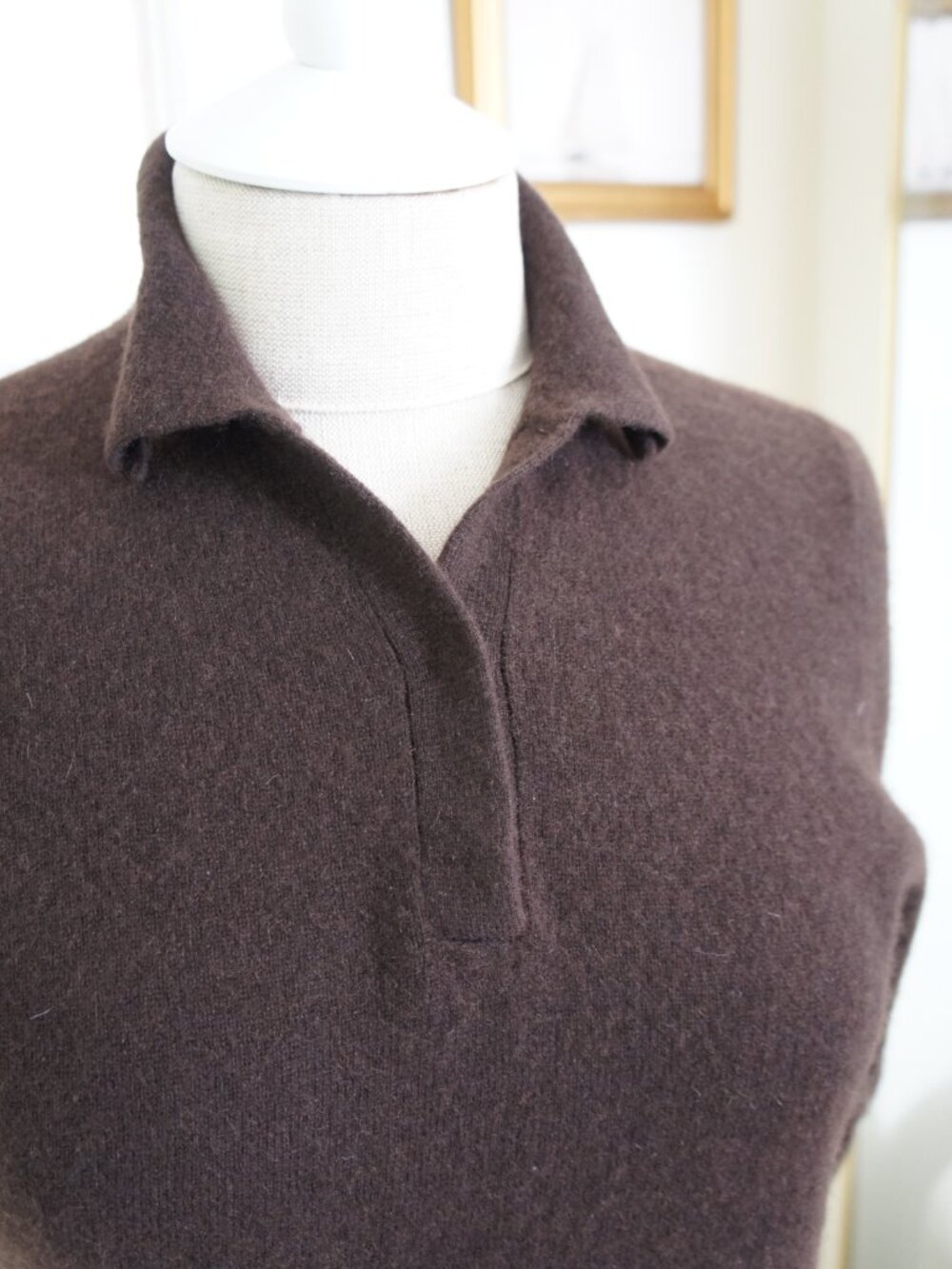 Vintage 90s 100% Cashmere Dark Brown V-Neck Polo Sweater Shirt Size Small - Picture 11 of 11